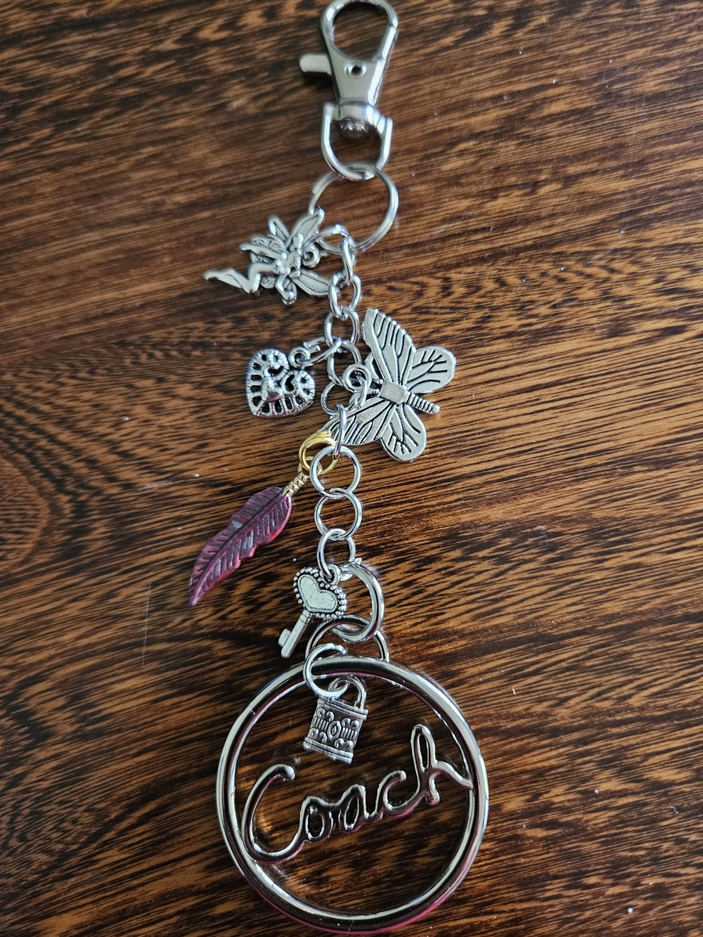 Coach Hangtag Silver Charm Keychain with Butterfly and Feather